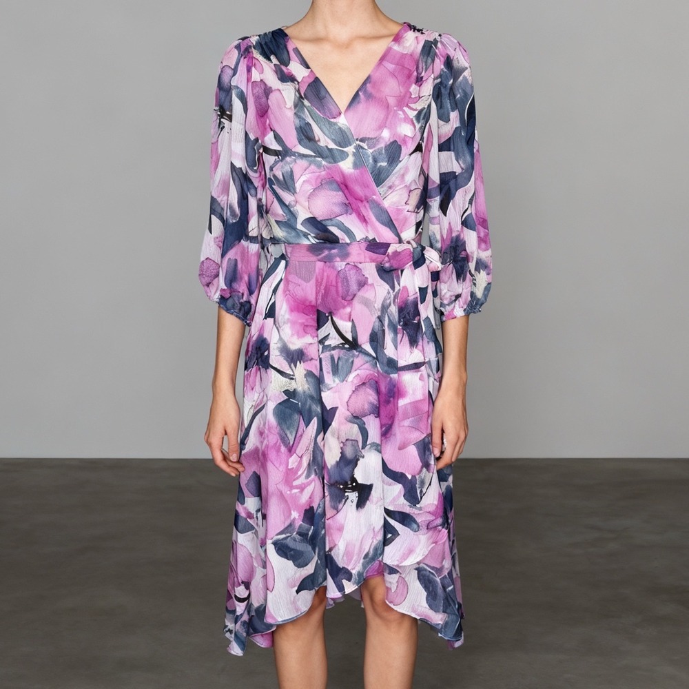 DKNY Floral High Low Dress Balloon Sleeve Tie Waist Watercolor Resort Wear sz 10